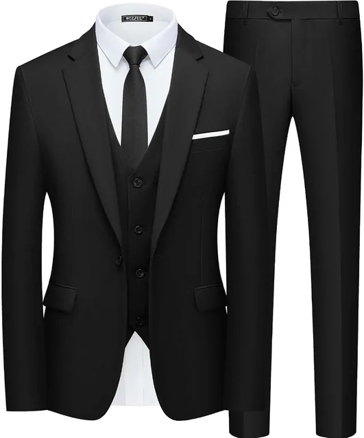 Men's black slim-fit three-piece suit — front view